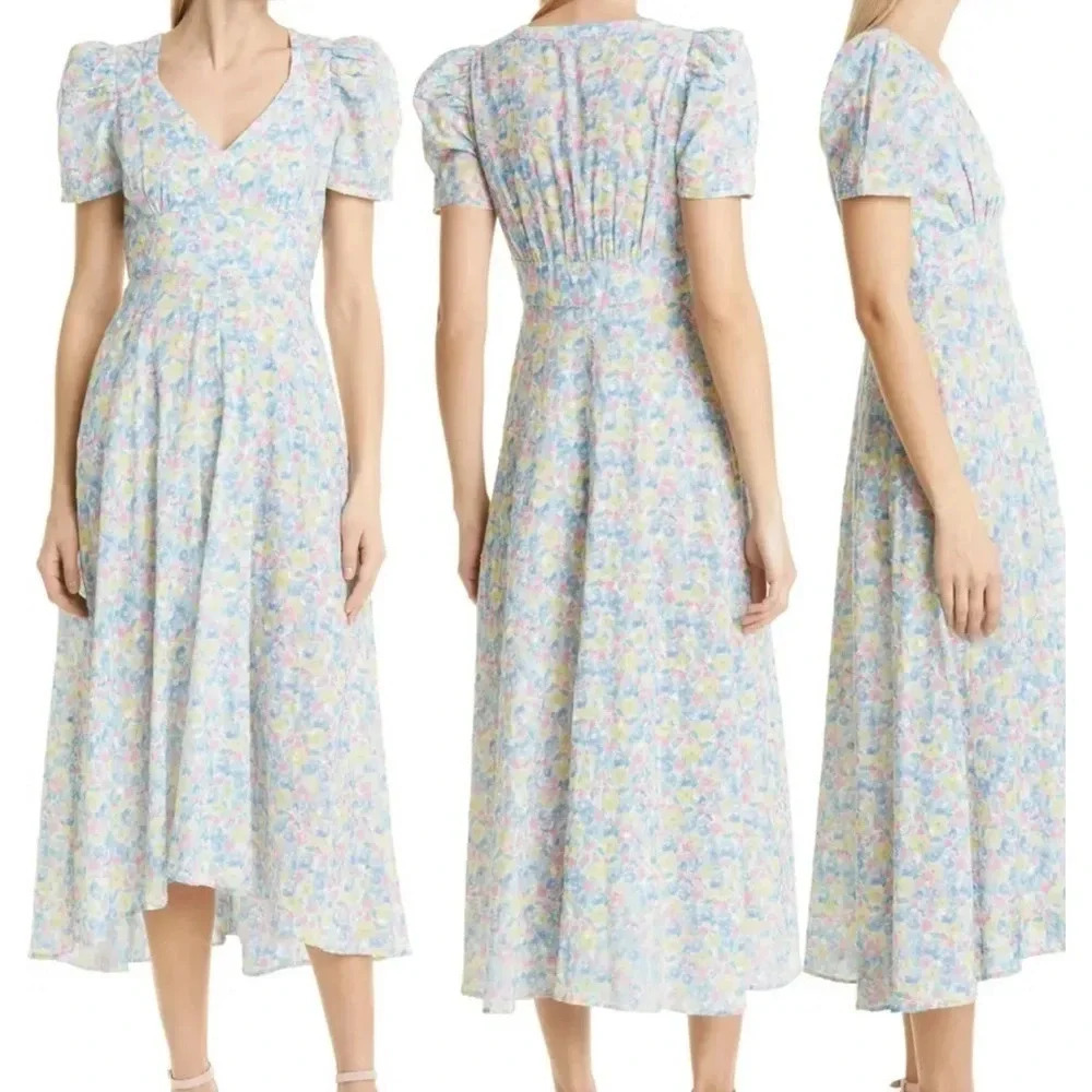 NWT‎ LOVESHACKFANCY Hutchinson Floral Midi Dress Rainbow Blast blue pink v neck